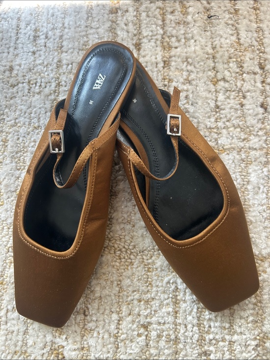 Zara Shoes - Zara Light BrownSquare-Toe Slingback Flats with Buckle